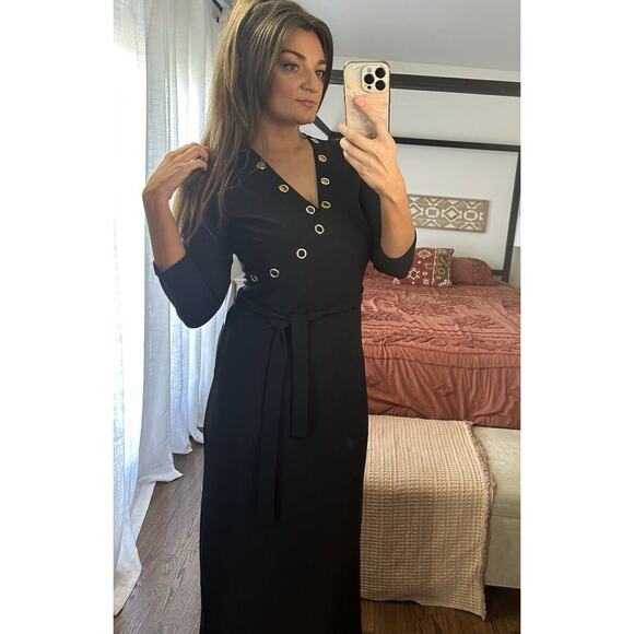 NWT Boston Proper Size Small Black 3/4 Sleeve Gold Grommet Maxi Dress - Picture 9 of 12